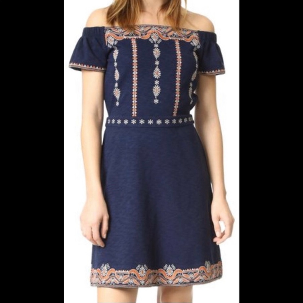 Tory Burch Nell Embroidered Off The Shoulder Navy‎ Blue Mini Dress Size Small P